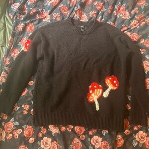 Black Mushroom Knit Sweater with Red Embroidered Mushrooms